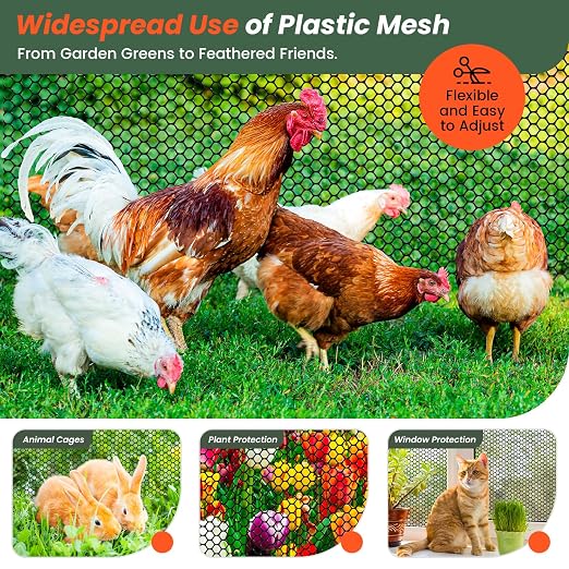 Toolterritary Plastic Wire Mesh,16IN x 50FT Chicken Wire Fencing for Floral Arrangements, Chicken Wire Mesh for Crafts with 100 Pcs Zip Ties,Gaden Netting for Dogs, Deers, Poultry