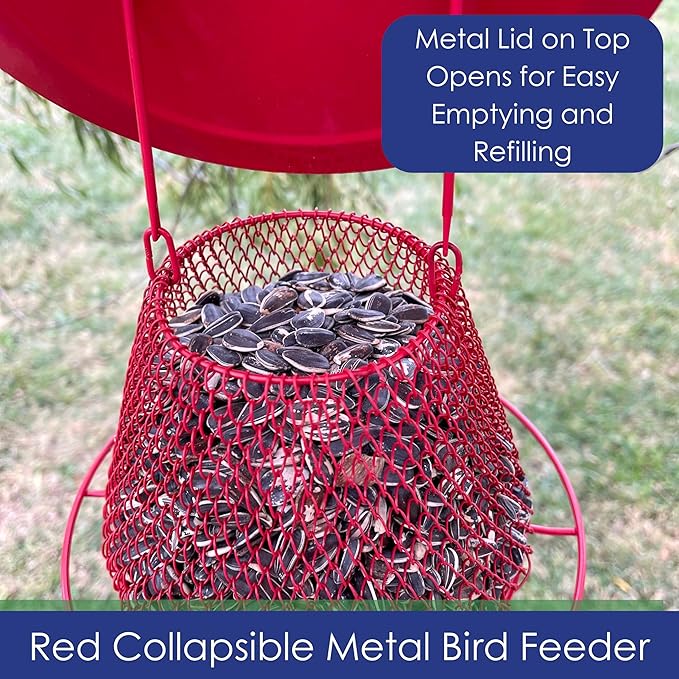 Red Collapsible Mesh Bird Feeder - Small Hanging Bird Feeder - Holds 1 Pound of Sunflower Seeds