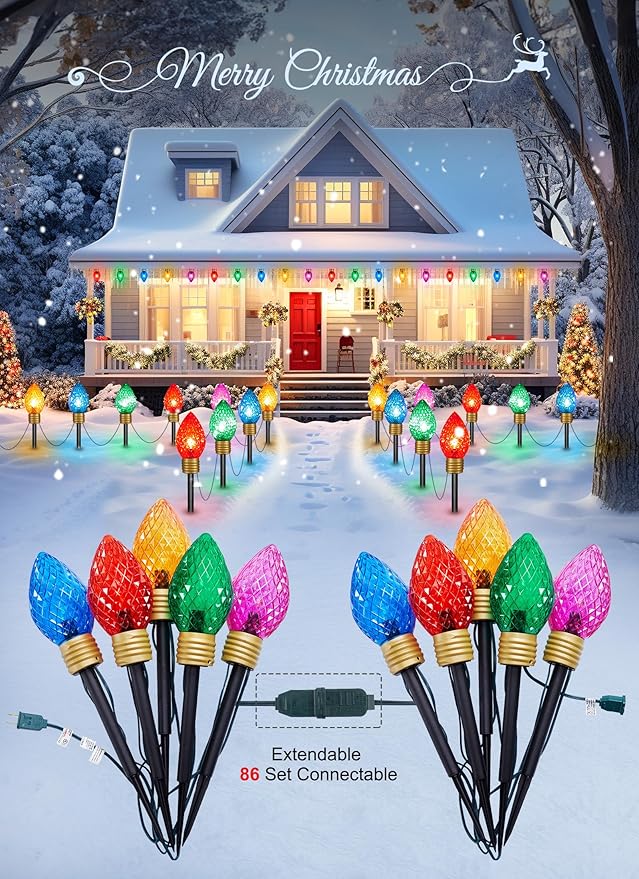 Moonflor Strawberry Jumbo C9 Christmas Pathway Lights Outdoor - 8.5 Feet 5 LED C9 Christma Lights,C7 Light Covered Jumbo Multicolor Christmas Light Outdoor Decorations for Lawn Holiday Outside Yard