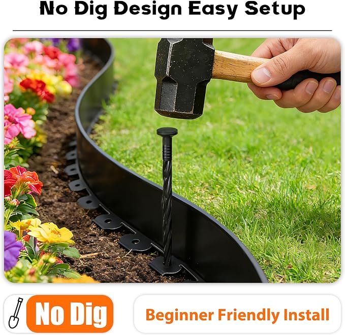 4 inch Tall Landscape Edging Kit 120FT Garden Edging with 210 Spikes for Lawn Edging and Flower Beds (Black, 120FT)