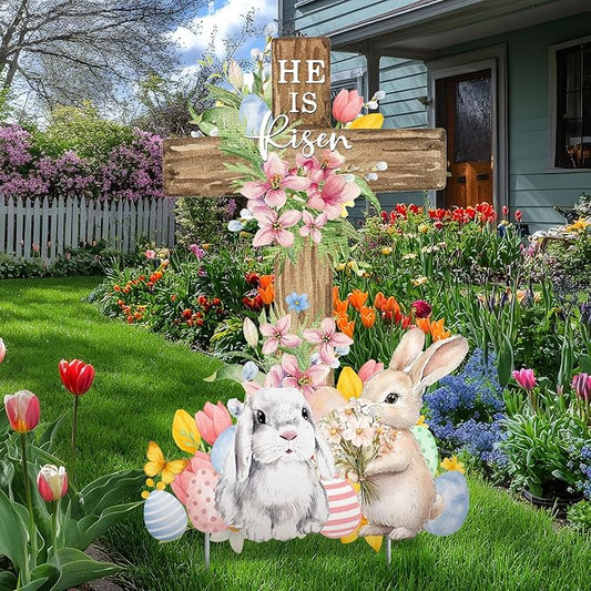 Weysat Easter Metal Yard Signs He Is Risen Cross Metal Decoration Outdoor 23.6 Inch Easter Rabbit Welcome Porch Sign Christian Yard Decorations with Stakes Waterproof for Home Garden Patio Lawn Party
