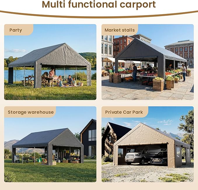 COSIEST 20'×20' Storage Shelter Outdoor Gable Roof Carport with Removable Side Walls, Heavy-Duty Garage Canopy Weatherproof PE Cover, Multi-Purpose Vehicle/Tractor Shed for Backyard/Driveway/Farm