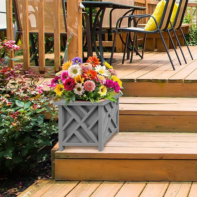 Lattice Design Outdoor Planter Box - 14.75” Square 13” Tall Gray Plant Pot - Decorative Plant Pots for Front Porch Decor - Flower Pots Outdoor Planters for Porch Patio or Garden Decor by Pure Garden