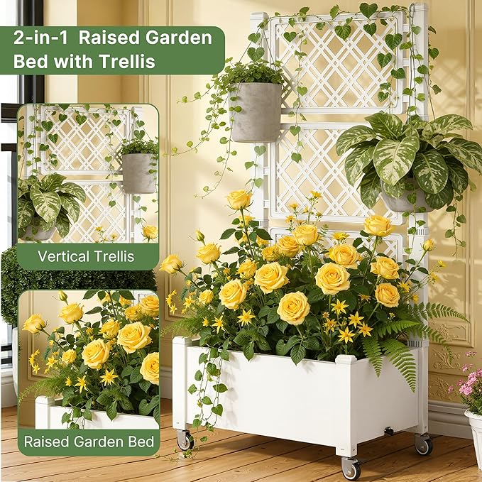 Miory 60" Raised Garden Bed with Trellis & Wheels, Vertical Gardening Planter Box with Water Level Indicator and Drainage System for Garden Outdoor Patio Balcony