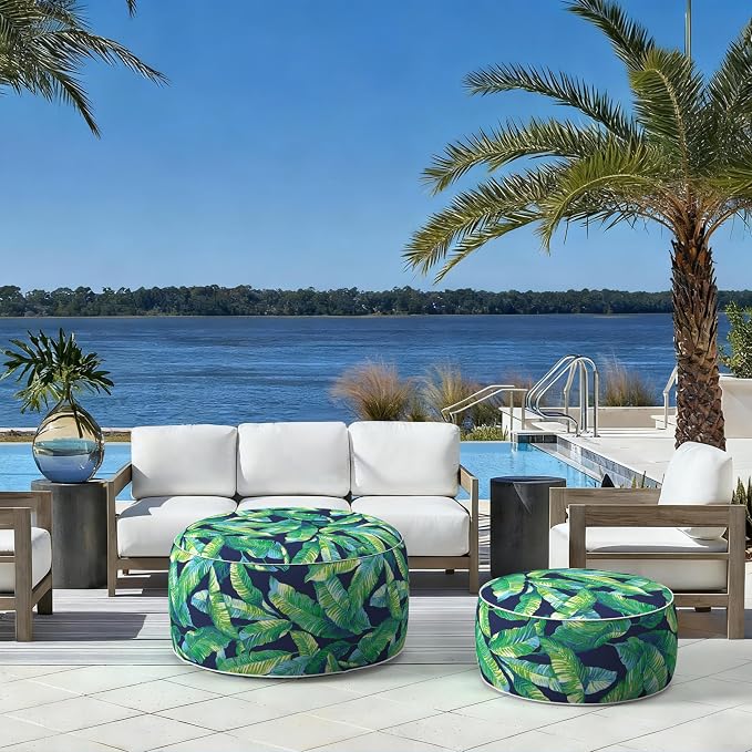 LVTXIII Indoor/Outdoor Inflatable Ottoman with Handle D21 x H9 Inch, Weather-Resistant Round Footstool Pouf for Patio Camping Living Room, Portable Footrest Extra Seating, Hanalei Lagoon