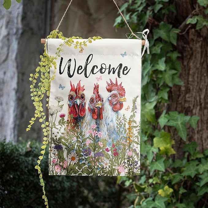 Floral Chicken Garden Flag 28x40 Double Sided Flower Rooster Farmhouse Yard Flag for Outside Welcome Decor