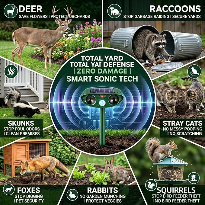 2026 Ultrasonic Deer Repellent Devices Solar Animal Repellent Outdoor with Motion Sensor to Keep Cat Rabbit Raccoon Out of Yard Garden Farm Squirrel Fortress Pro Deer Deterrent for Plant,4Pack
