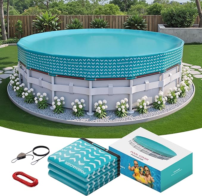 POOLHACKER 【2025 Upgrade】 21 ft Winter Pool Cover - 21ft Round Above Ground, 500D Thick & Durable Winter Pool Cover, Upgraded with Velcro, Cable and Pulley System for a Windproof, Secure Fit