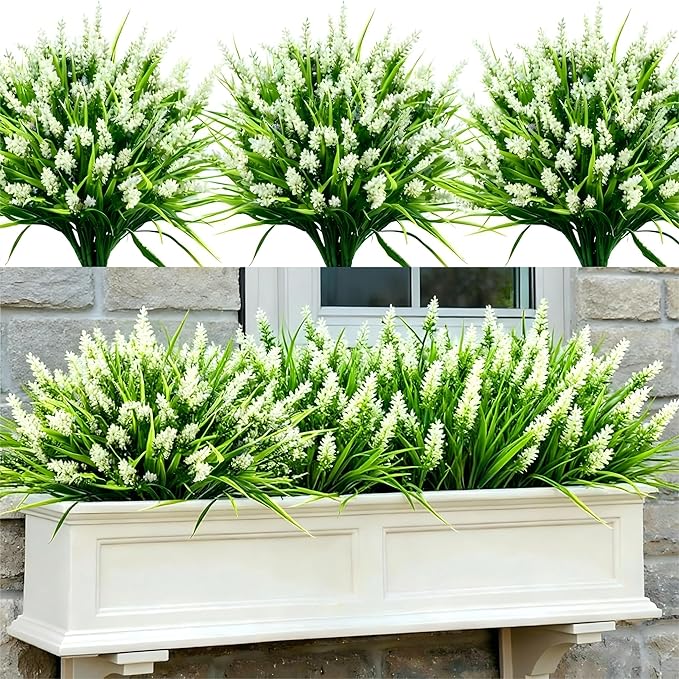 Geegoods Artificial Plants Flowers Outdoor – 48 Bundles UV Resistant Faux Lavender Flowers with Monkey Grass for Garden Porch Window Patio Hanging Planter Decor