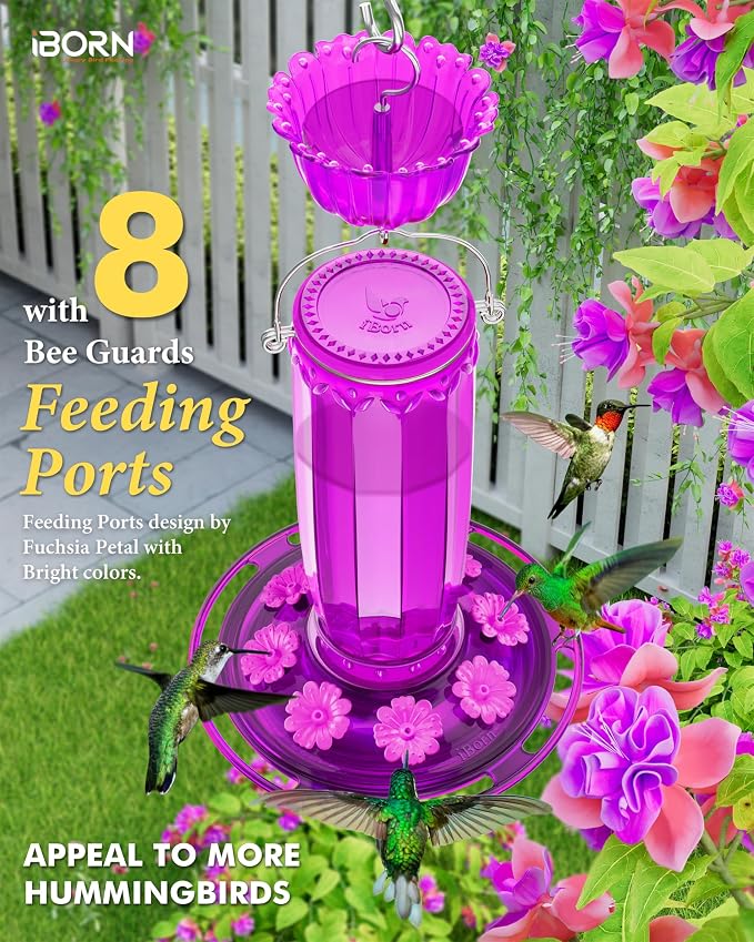 iBorn Hummingbird Feeders for Outdoors Hanging with Ant Moat for Hummingbird Feeder Glass 8 Ports for 16oz Humming Bird Nectar, Fuchsia Magenta, Pack of 1