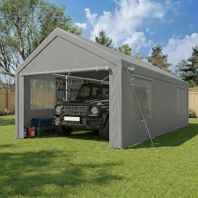 COBIZI Carport 10'x20' Heavy Duty Portable Garage, 2.0 Powder Coated Frame(Better Than Galvanized), Waterproof Shelter with Removable Sidewalls & Windows, Built-in Sandbags, for Car/Boat/SUV, Gray