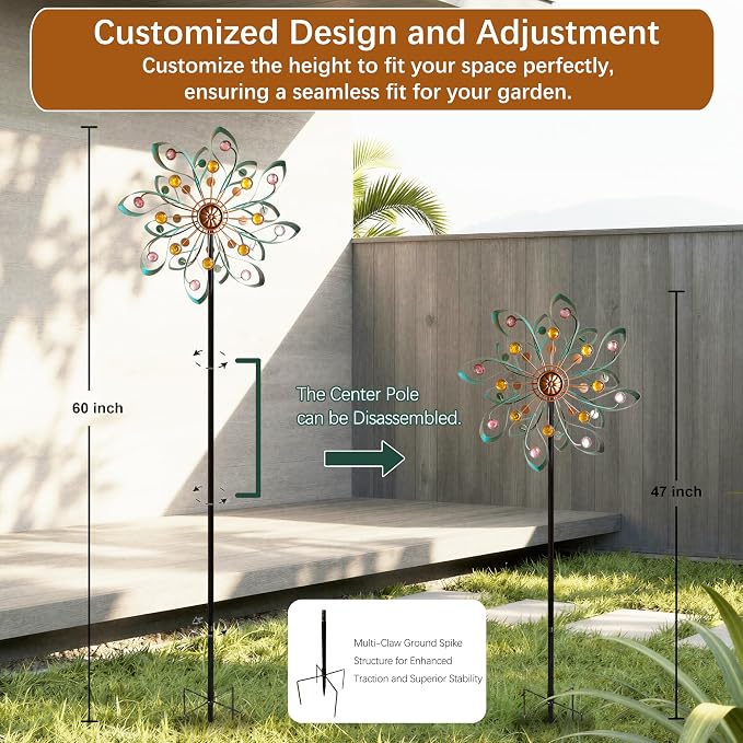 Wind Spinners Outdoor Metal 360° Rotating, Large Double-Layer Metal Windmill for Yard with Stake, Wind Spinners for Yard and Garden, Lawn, Patio (60"×14")