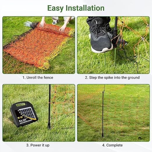 Electric Fence Netting 48"H x 164'L | with Posts and Double-Spiked Stakes, Portable Livestock Nets for Backyards, Homesteads, Gardens, Farms, and Ranches