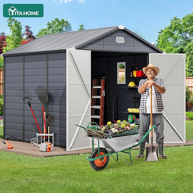 YITAHOME 8x9FT Resin Storage Unit sans Flooring, All-Weather Plastic Shed with Window, Vents and Secured Doors, Outdoor Plastic Tool Cabin for Poolside, Lawn, Backyard, Patio, Dark Gray