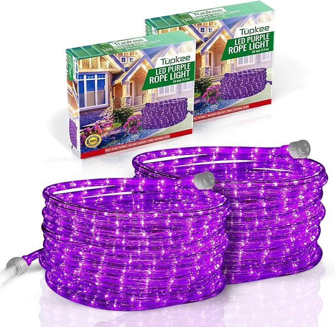 Tupkee LED Rope Light Purple - for Indoor and Outdoor use, 24 Feet (7.3 m) - 10MM Diameter - 144 LED Long Life Bulbs Rope Tube Lights - Pack of 2