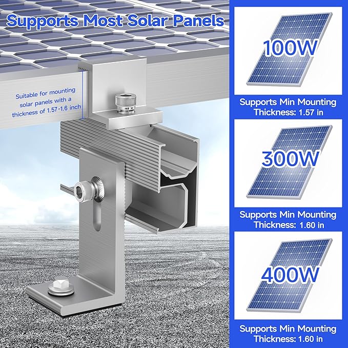 Solar Panel Mounting Brackets Kit 10Pcs Solar Roof Mount Kit for 1-4 Pieces Thickness 1.57-1.6” Solar Panels(100-400W), Aluminum Alloy Mount for Flat Pitched Roof Rack Mounting Brackets