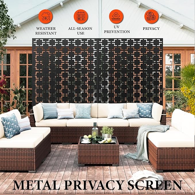 Metal Privacy Screen for Outdoor Freestanding Privacy Screens, 72" H x 47" W Decorative Wall Panels with Stand, Patio Balcony Screens for Outside Outdoor Divider Deck Porch Garden and Indoor