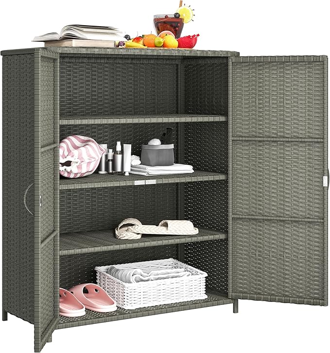 Outsunny Wicker Outdoor Storage Cabinet with Shelves, 4-Shelf Outdoor Pool Towel Cabinet with Two Doors, Rattan Patio Storage Shelves for Garden, Backyard, Porch, Dark Gray