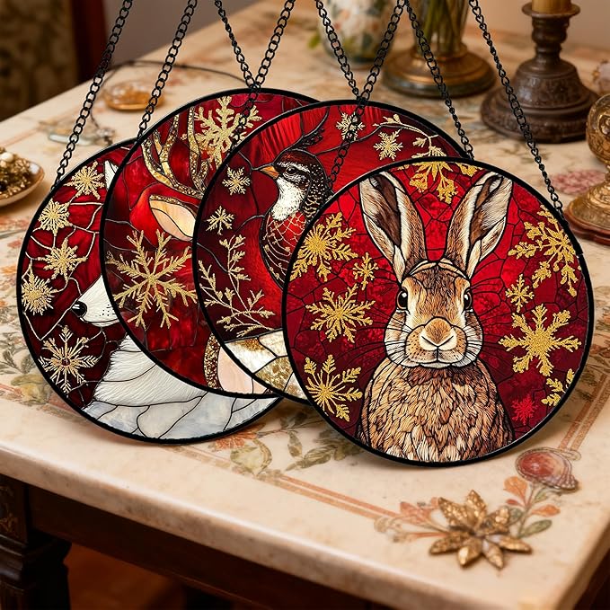 DASTOLL Stained Glass Window Hanging 4 Pcs Set Red Golden Snowflakes Large 11.8" - Christmas Elk Rabbit Suncatcher Door Garden Sun Catcher Decor Birthday for Mom Woman Nana Men
