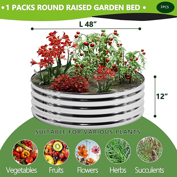 DIIYIV 3PCS 4x4x1FT Galvanized Raised Garden Bed Kit,Vegetable Boxes-Round Metal Flower Box,Large Planter Raised Beds Outdoor Garden for Planting,Fruit,Herb-Silver