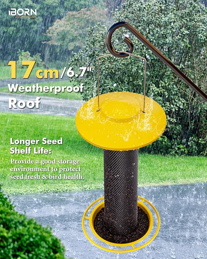 iBorn Finch Feeders for Outside,Thistle Bird Feeders for Outdoors Hanging,Nyjer Seed Feeder,Metal Mesh Tube Bird Feeder 13.5 Inch with 17cm Weatherproof Large Roof and Tray,2 LB Capacity,Yellow