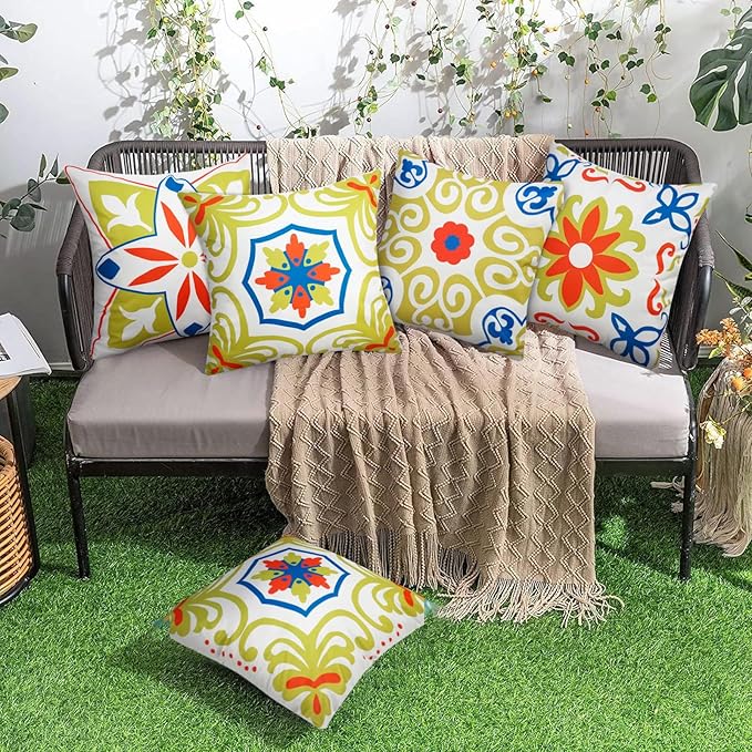 Pyonic Outdoor Pillows Waterproof Throw Pillow Covers Set of 4 Floral Printed and Boho Farmhouse Outdoor Pillow Covers for Patio Funiture Garden 18x18 Inch