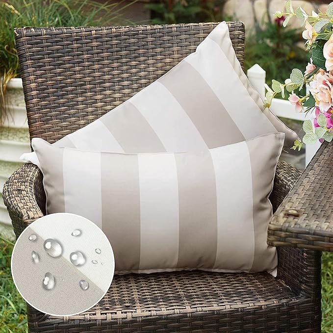 Western Home Pack of 2 Outdoor Waterproof Striped Throw Pillow Covers Beige Grey Decorative Pillowcases Garden Modern Cushion Cases for Patio Tent Balcony Couch Sofa 12x20 Inch