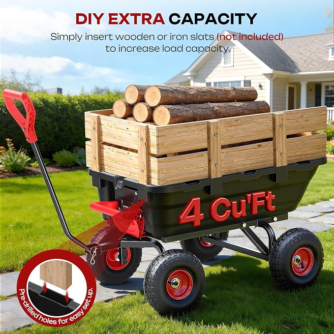 900LB Garden Dump Cart, 2026 Upgraded Heavy Duty Wheelbarrow Cart with 10" Non-Slip Pneumatic Tires & Quick-Release System, 4-Wheel Steel Frame Wagon for Transportation in Yard, Farm, Garden