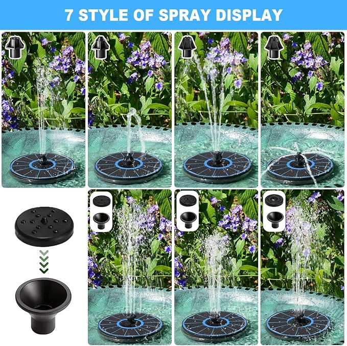 Yzert Solar Fountain with 2000 mAh Battery Backup Works in Cloudy, Glass Solar Powered Bird Bath Fountains with 7 Nozzles, 3.5 W Solar Fountain Pump for Birdbath,Garden, Outdoor, Pond