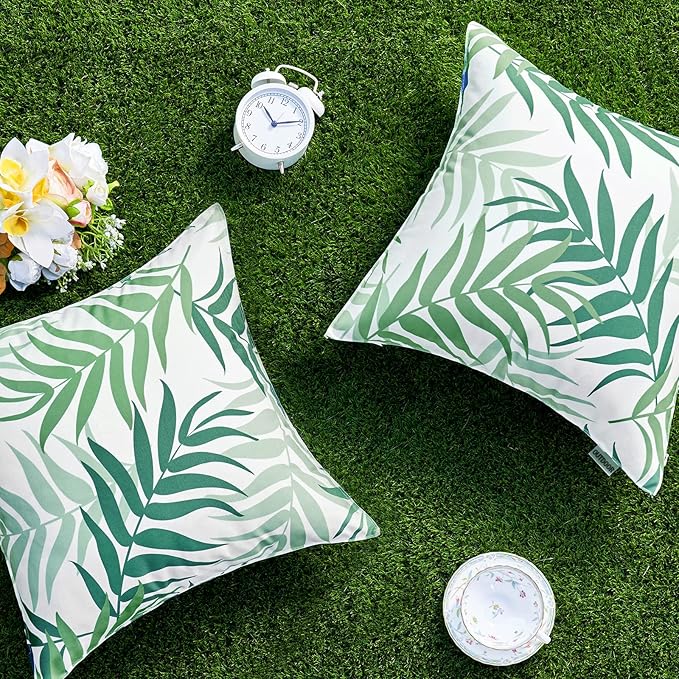 MIULEE Pack of 2 Decorative Outdoor Waterproof Throw Pillow Covers Patio Pillow Cases Natural Leaves Pattern Spring Square Cushion Shams Shell for Garden Balcony Couch 16x16 Inch, Sage Green