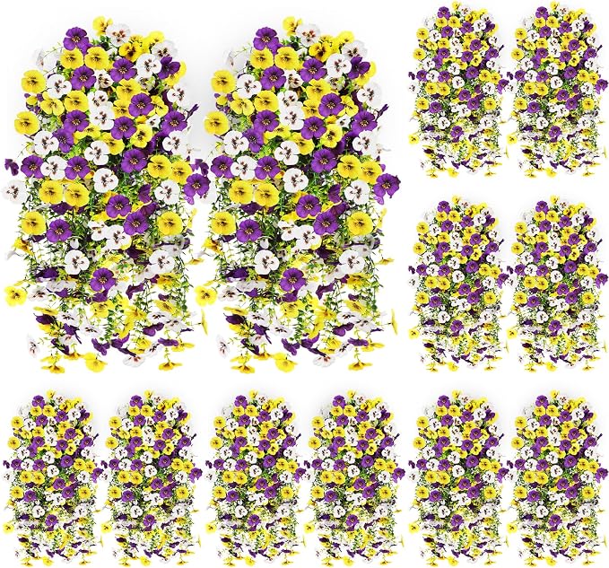 Giegxin 12 Pcs Artificial Hanging Pansy Flowers, 30 Inch Faux Pansies UV Resistant Plastic Hanging Plants for Outdoor Spring Summer Decor, for Porch Patio Garden Window Home (Yellow,White,Purple)