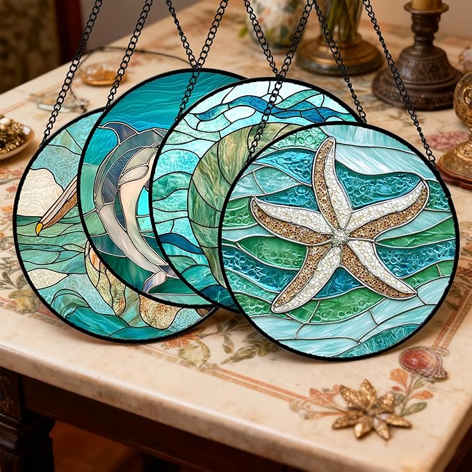 DASTOLL Stained Glass Window Hanging 4 Pcs Set Cyan Ocean Life Theme 6.3" - Sea Starfish Suncatcher Door Garden Sun Catcher Decor Birthday for Mom Woman Nana Men Friend