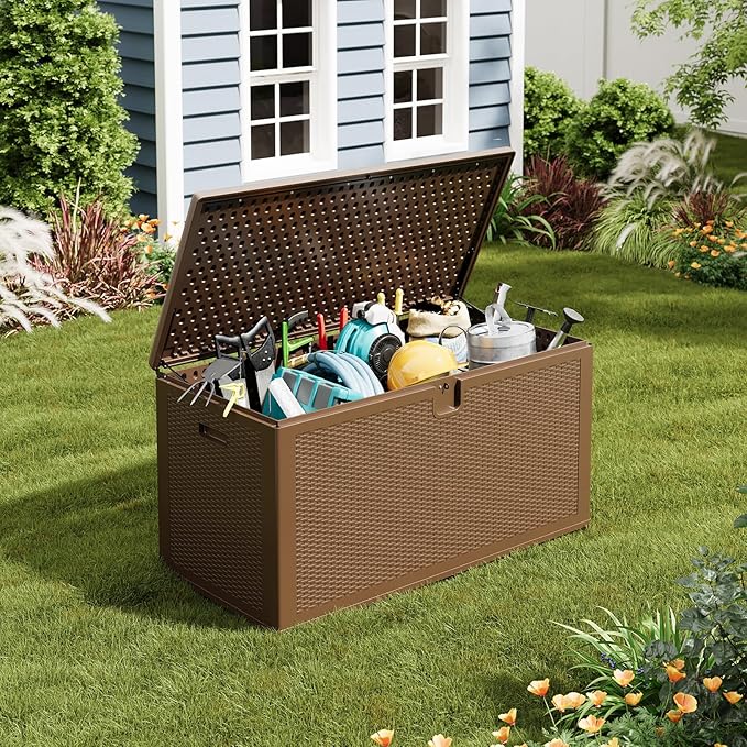 GarveeLife 150 Gallon Outdoor Storage Box, Large Resin Deck Box with Hydraulic Air Rod, Weatherproof & Lockable Outdoor Storage Bin for Patio Cushions, Garden Tools, Pool Supplies, Porch, Brown