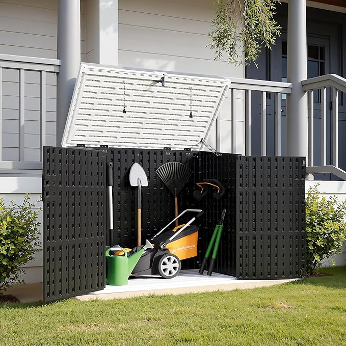 Greesum Outdoor Trash Can Storage Shed, 34 Cu.ft Horizontal Outdoor Storage Cabinet, Waterproof for Garden, Pool Storage, Garbage Cans, Black
