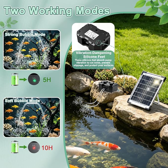6W Solar Pond Aerator, Solar Air Pump for Pond, Adjustable Aeration Cycle, Dual Air Ports 4 Air Stones for Outdoor Pond Fish Tank Aquarium