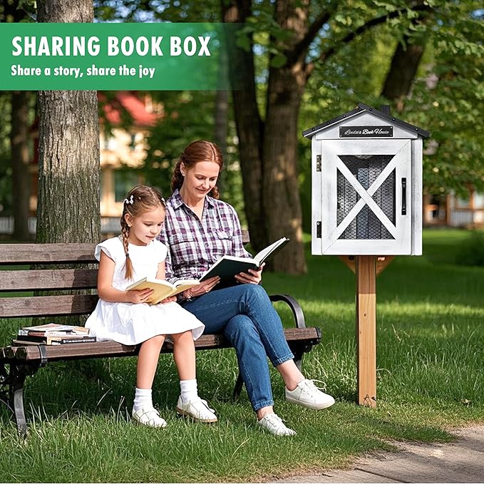 Outdoor Book Sharing Box, Waterproof Tin Roof Wooden Book Exchange Cabinet for Communities, Neighborhoods, and Schools, DIY Literature Storage for Books, Magazines, and Art (White Farmhouse)