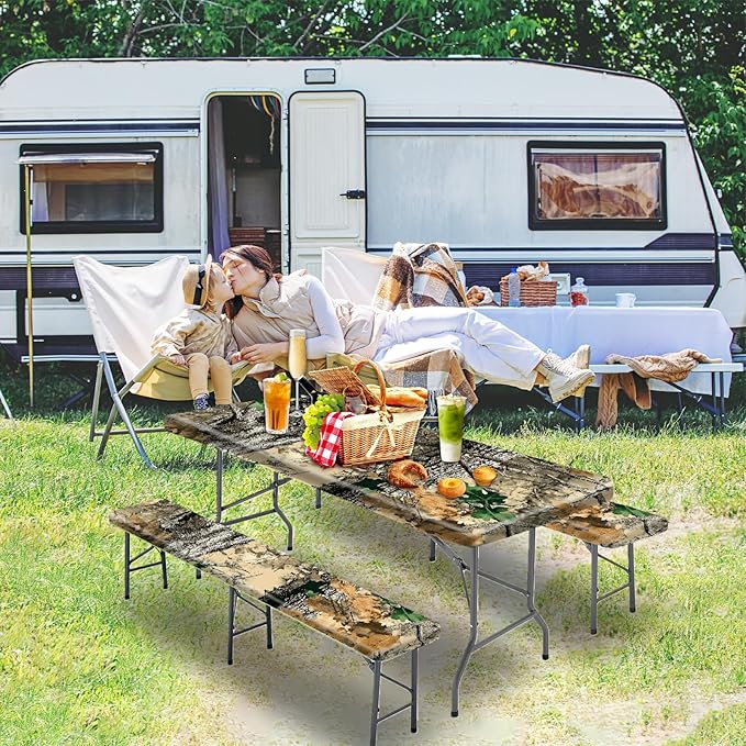 Picnic Table Cover with Bench Covers 72IN 6FT, Camping Essentials Tablecloth Waterproof Oilproof with elastic Edge for Indoor Outdoor Patio (Camouflage)