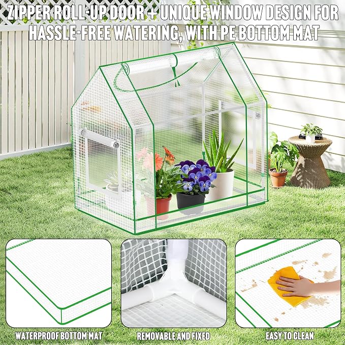 Mini Greenhouse Indoor with Waterproof PE Bottom Mat, 27.5x19.6x27.1in Tabletop Greenhouse for Seed Starting, Portable Small Greenhouse for Outdoors, Multi-Window Design & 4 304 Stainless Steel Labels