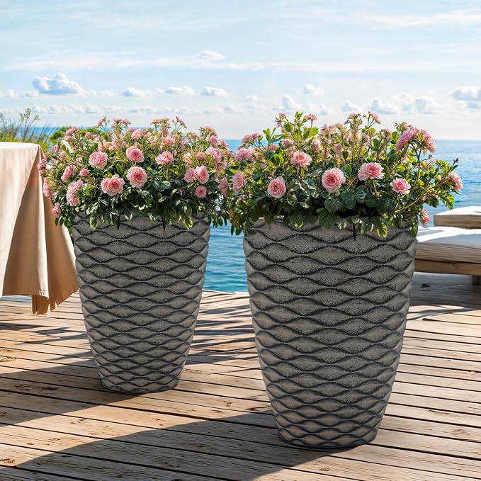 19" H Coastal Planter for Indoor/Outdoor Plants, Set of 2 Large Flower Pot with Drainage Hole, Weather-Resistant Resin Planters for Garden Patio Porch Home Office Decor, Rustic Black Wavy