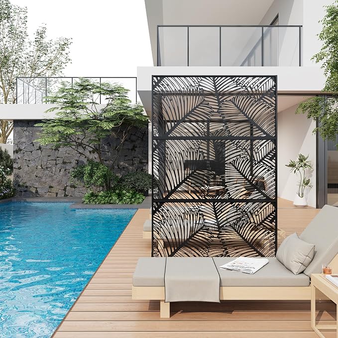 72" h × 47" w Outdoor Privacy Screen, Laser Cut Metal Garden Divider Panel with Tropical Leaf Design, Freestanding Weatherproof Privacy Fence for Patio Deck Backyard Balcony