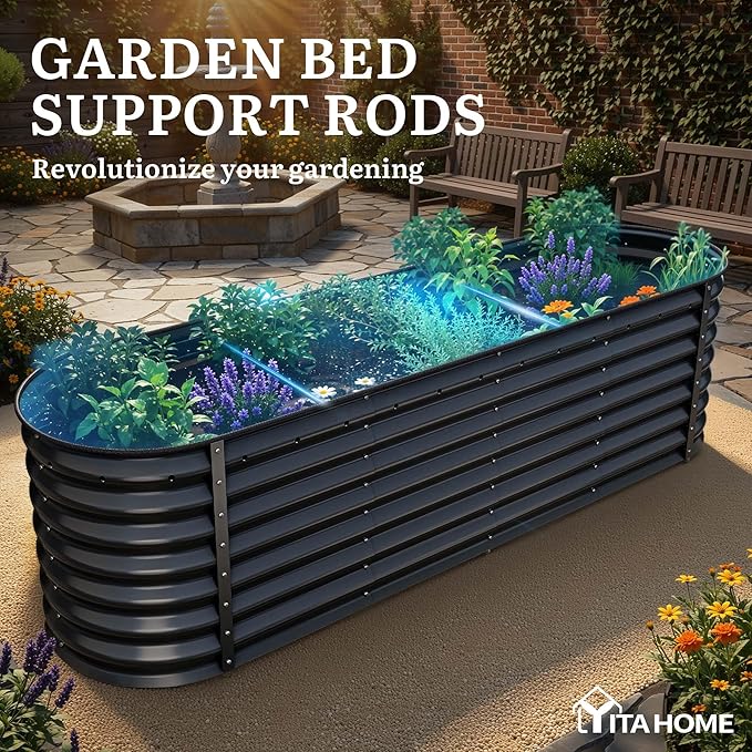 YITAHOME 8x2x2ft Raised Garden Bed Kit, 24" Tall 9 in 1 Large Galvanized Metal Planter Box with Gloves, Safety Rubber & Support Rod, Outdoor Flower Bed for Plants Vegetables Flowers, Black
