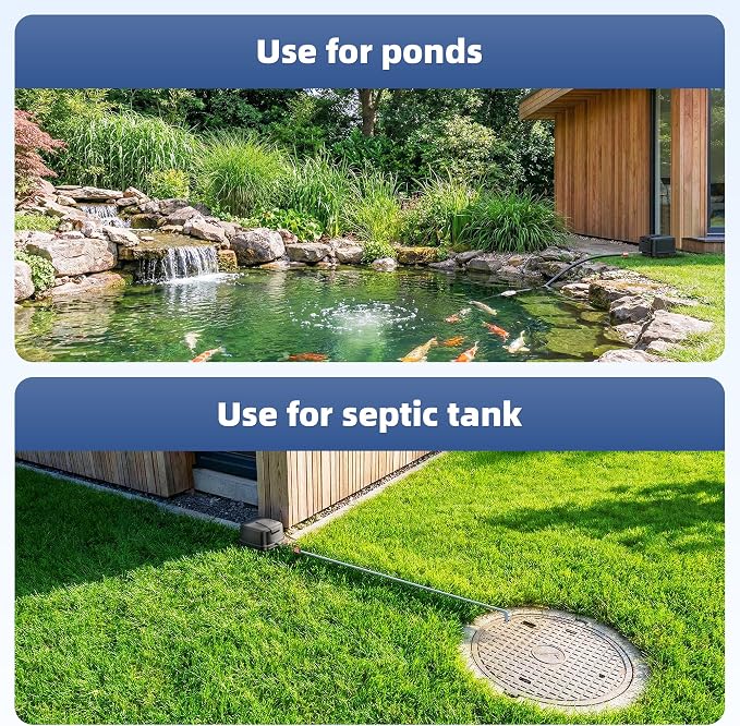 Biling Pond Aerator, Ultra Quiet 43dB 635GPH Pond Air Pump, IP55 Waterproof Septic Aerator for Outdoor Ponds, Koi Ponds, Water Gardens and Septic Tank