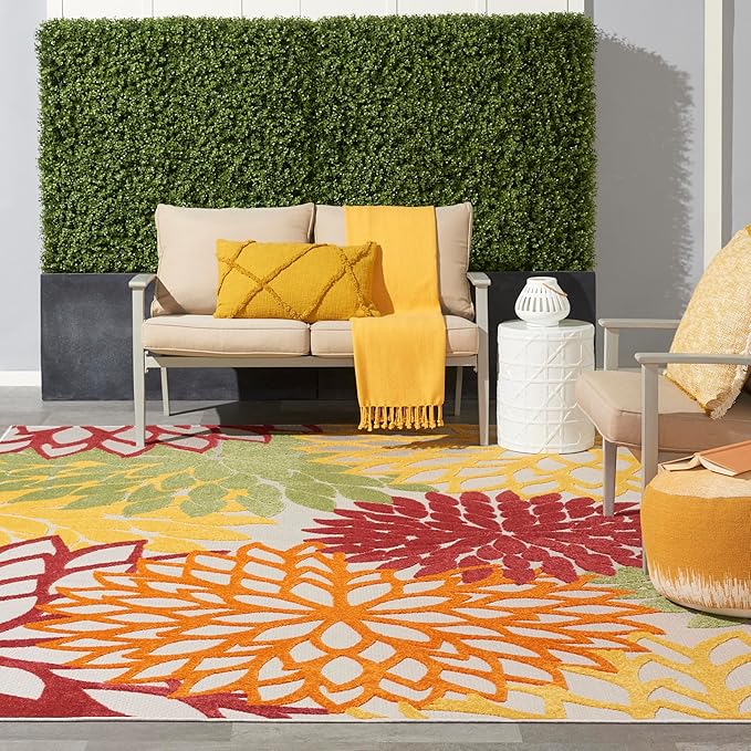 Nourison Home Aloha Indoor/Outdoor Red Multi Colored 9' x 12' Area Rug, Tropical, Botanical, Easy Cleaning, Non Shedding, Bed Room, Living Room, Dining Room, Deck, Backyard, Patio (9x12)