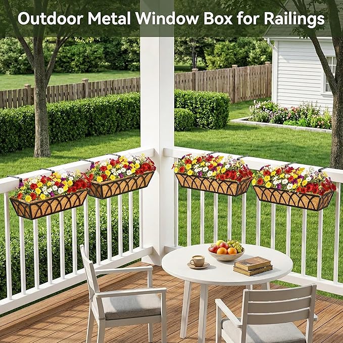 24 Inch Railing Planter Box with Coco Liner, Adjustable Metal Window Box, Hanging Flower Planter Outdoor, for Balcony Deck Fence Garden, Black, Set of 6