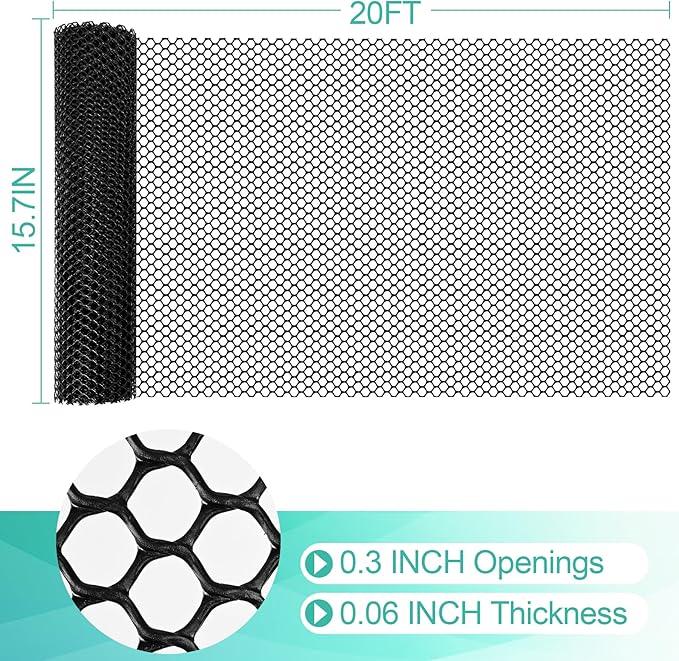 Plastic Mesh Fence Sheet 15.7IN x 20FT - 0.3IN Opening Plastic Chicken Wire Netting Roll Durable for Dogs, Poultry, Puppy, Garden Snake Barrier with 50 Pcs Zip Ties - Black