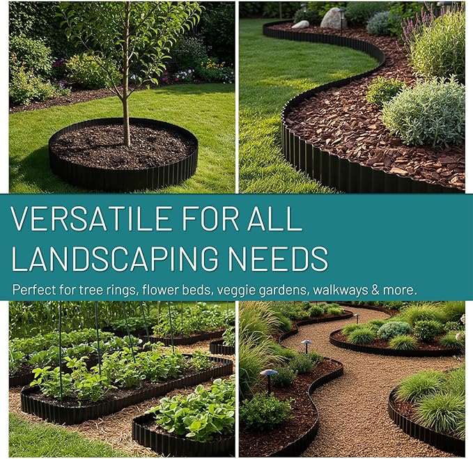 50FT Black Corrugated Metal Landscape Edging – Flexible & Rustproof Garden Edging Border, Decorative Metal Trim for Flower Beds, Lawn, Driveway, Walkway & Raised Beds