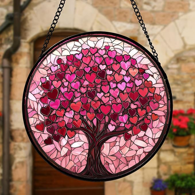 Stained Glass Window Hanging, Birthday Gifts for Women Mom Grandma Nana Wife Couple, Pink Love Tree Suncatcher for Doors Window Home Sun Catchers Gifts Decor 9.8 in