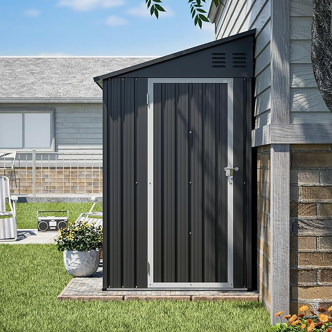 YOPTO 4x8 FT Lean to Outdoor Storage Shed,Metal Shed W/Floor Frame & Reversible Installation,All Weather Waterproof Garden Tool House W/Lockable Door & 2 Air Vents,for Backyard,Patio,Lawn,Black