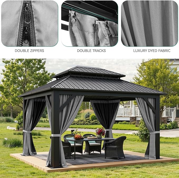 YITAHOME 12x14ft Hardtop Gazebo with Nettings and Curtains, Heavy Duty Double Roof Galvanized Steel Outdoor Combined of Vertical Stripes Roof for Patio, Backyard, Deck, Lawns, Gray