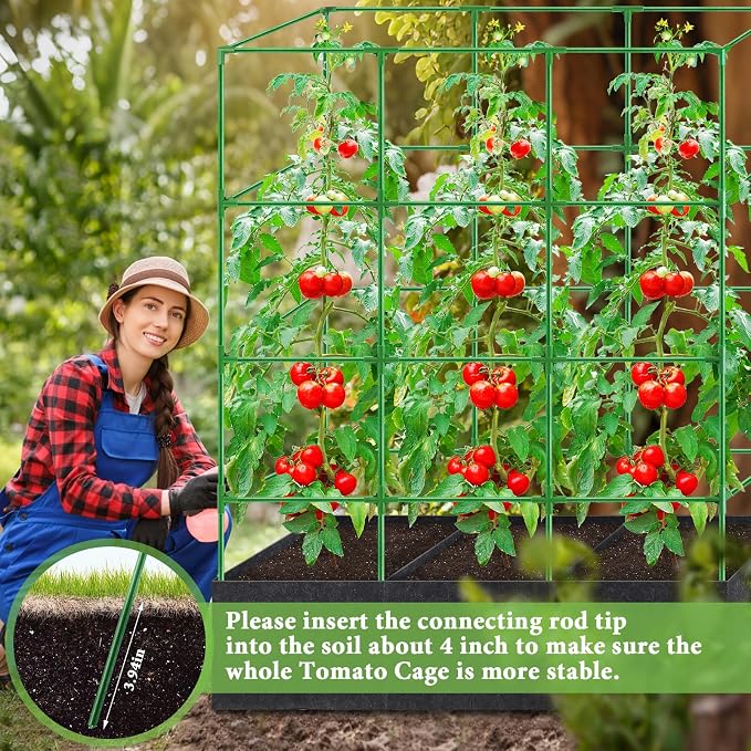66x17x49 Inch Garden Tomato Cages with 46 Gallon Grow Bags, Square Plant Support Trellis Assembled with Planter Bags, Garden Cucumber Vegetables Frames for Vertical Climbing Plants